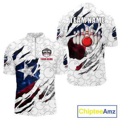 Smoke Texas flag white bowling quarter zip shirt for men designed for tournaments and league competition.