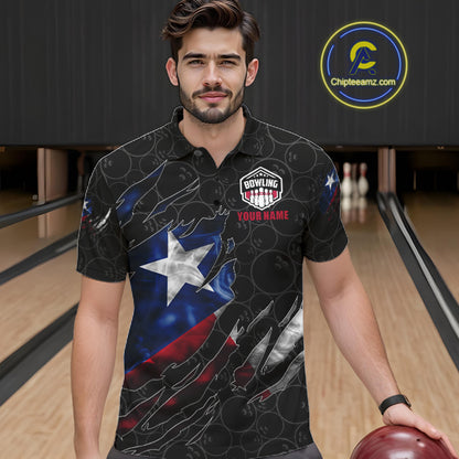 Man wearing a smoke Texas flag black bowling polo shirt at a bowling alley front view.