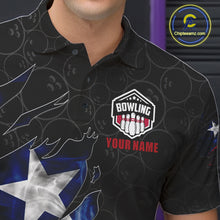 Load image into Gallery viewer, Close-up of a smoke Texas flag black bowling polo shirt collar, buttons, and Texas flag artwork.