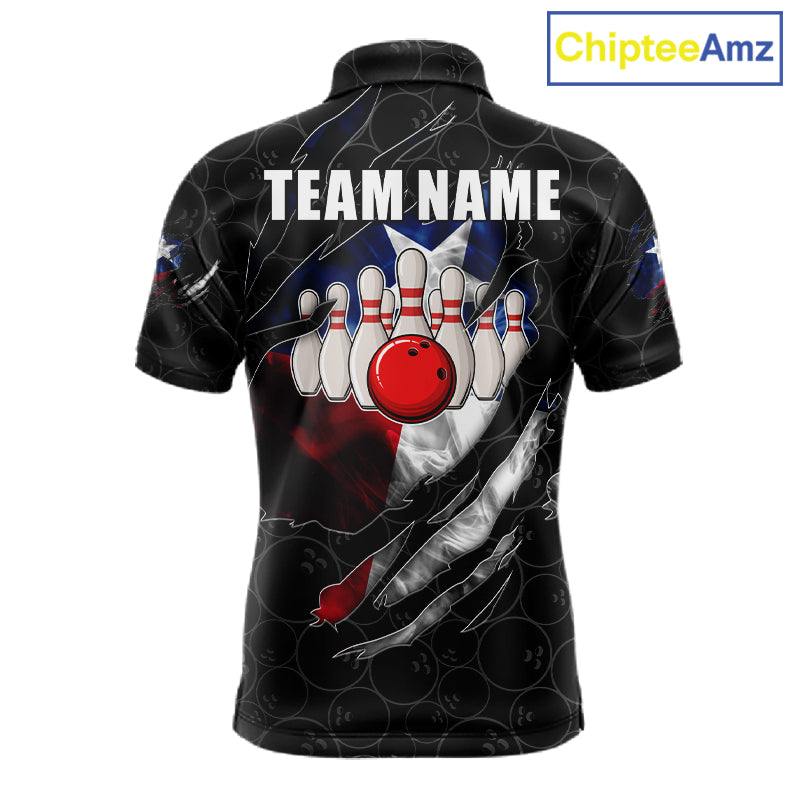 Smoke Texas flag black bowling polo shirt for men with patriotic bowling team graphics.