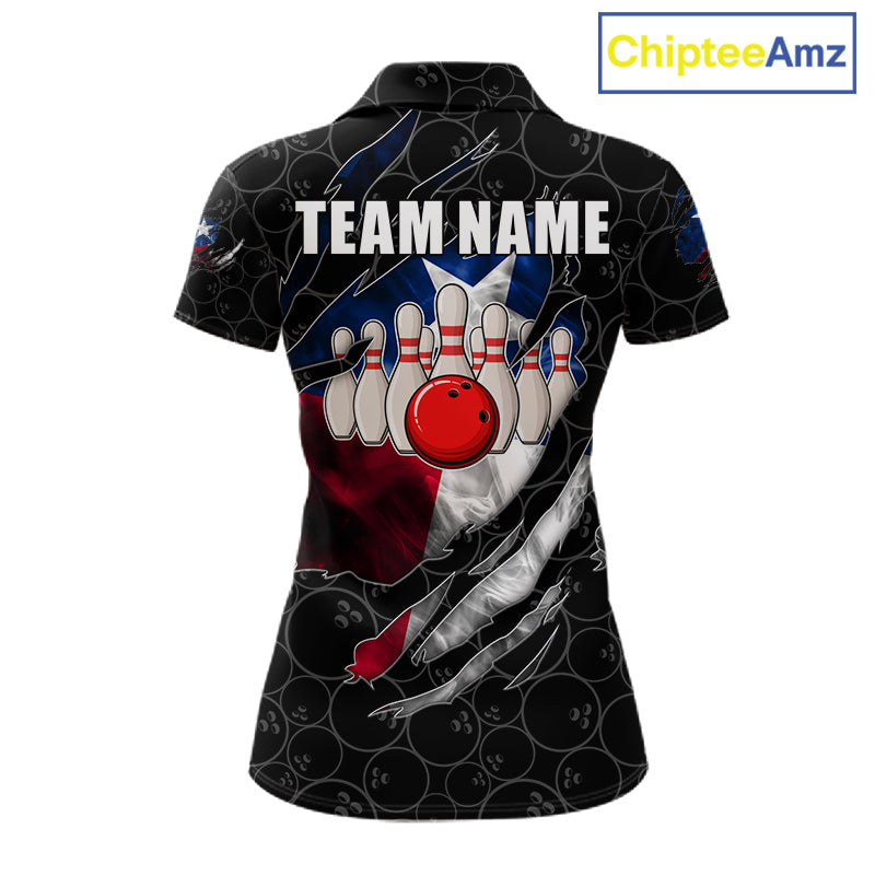 Smoke Texas flag black bowling polo shirt for women with patriotic bowling team graphics.