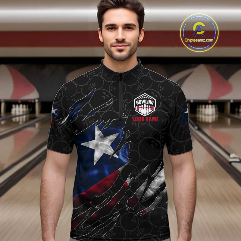 Man wearing a smoke Texas flag black bowling quarter zip jersey during league competition front view.