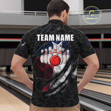 Load image into Gallery viewer, Back view of man wearing a smoke Texas flag black bowling quarter zip shirt in a bowling alley.