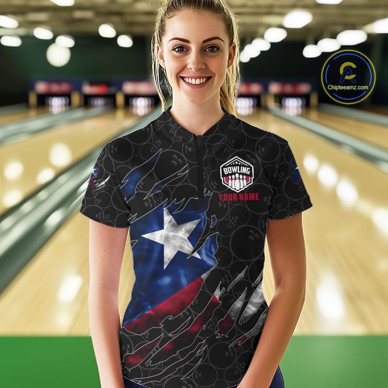 Woman wearing a smoke Texas flag black bowling quarter zip jersey during league competition front view.