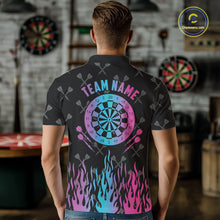 Load image into Gallery viewer, Back view of man wearing a dartboard neon fire flame darts shirt during league competition.