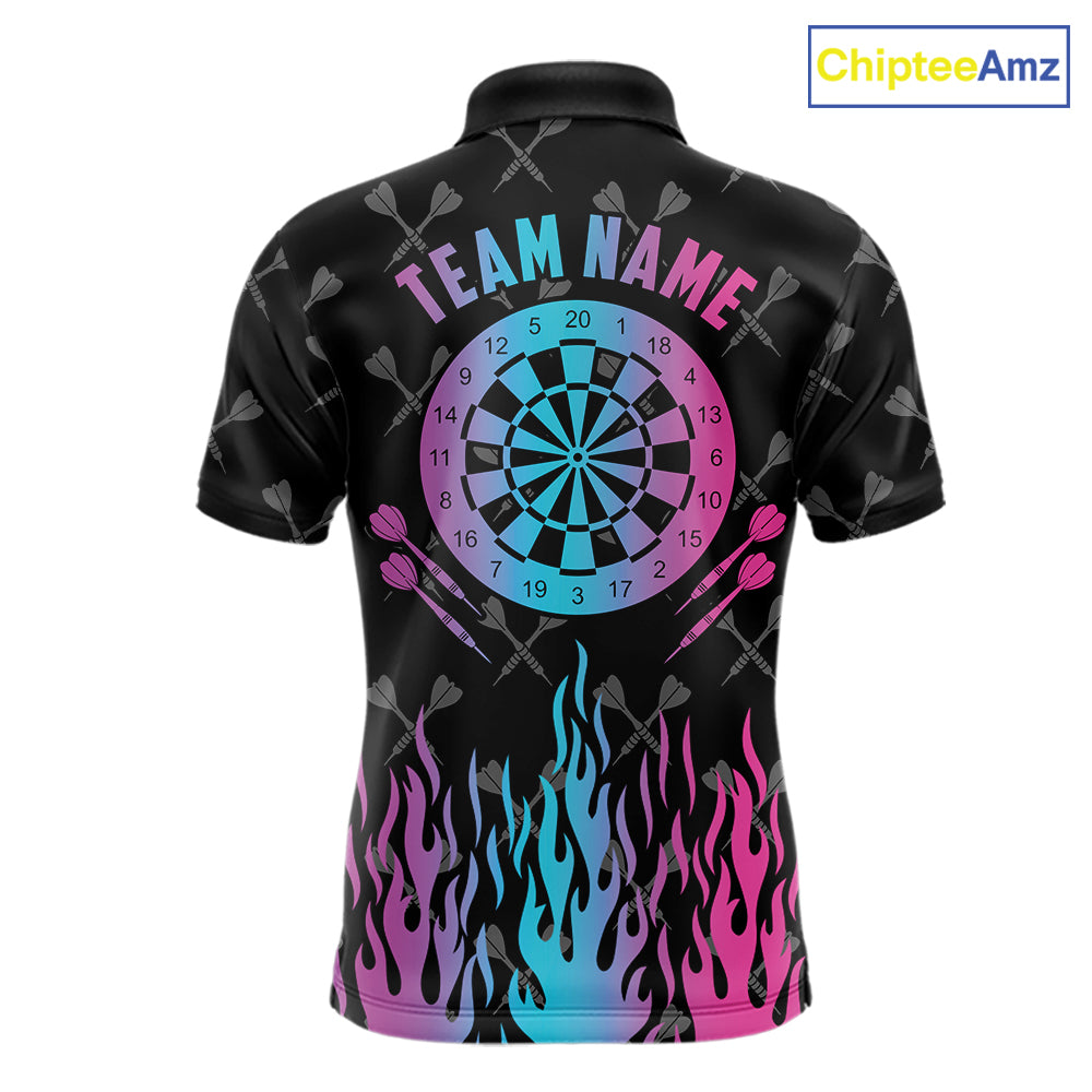 Dartboard neon fire flame darts polo shirt for men with custom darts team graphics.