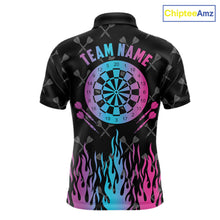 Load image into Gallery viewer, Dartboard neon fire flame darts polo shirt for men with custom darts team graphics.