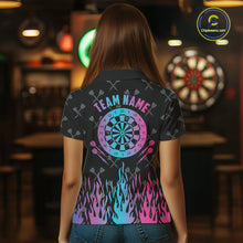 Load image into Gallery viewer, Back view of woman wearing a dartboard neon fire flame darts shirt during league competition.