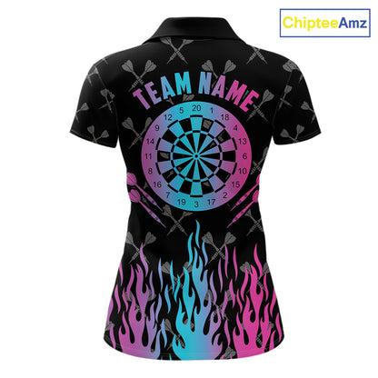 Dartboard neon fire flame darts polo shirt for women with custom darts team graphics.