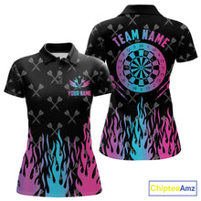 Load image into Gallery viewer, Dartboard neon fire flame darts polo shirt for women with custom darts team graphics.