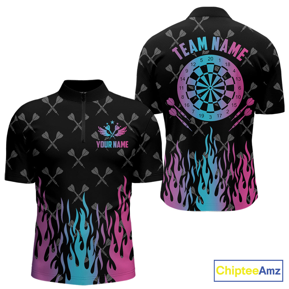Dartboard neon fire flame darts quarter zip shirt for men designed for league matches and tournament play.