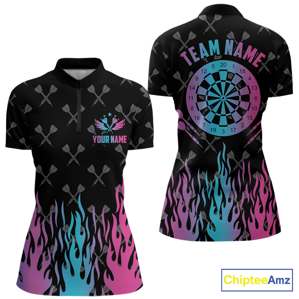 Dartboard neon fire flame darts quarter zip shirt for women designed for league matches and tournament play.
