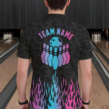 Load image into Gallery viewer, Back view of man wearing a fire flame neon bowling polo shirt inside a bowling alley.