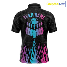 Load image into Gallery viewer, Fire flame neon bowling polo shirt for men with colorful custom team graphics.