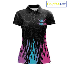Load image into Gallery viewer, Fire flame neon bowling polo shirt for women with colorful custom team graphics.