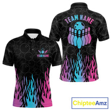 Load image into Gallery viewer, Fire flame neon bowling polo shirt for men with colorful custom team graphics.