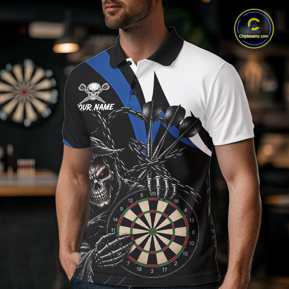 Personalized Grim Reaper Chain Darts Shirts For Men Custom Skull Darts League Team Jersey | Blue TDM7184