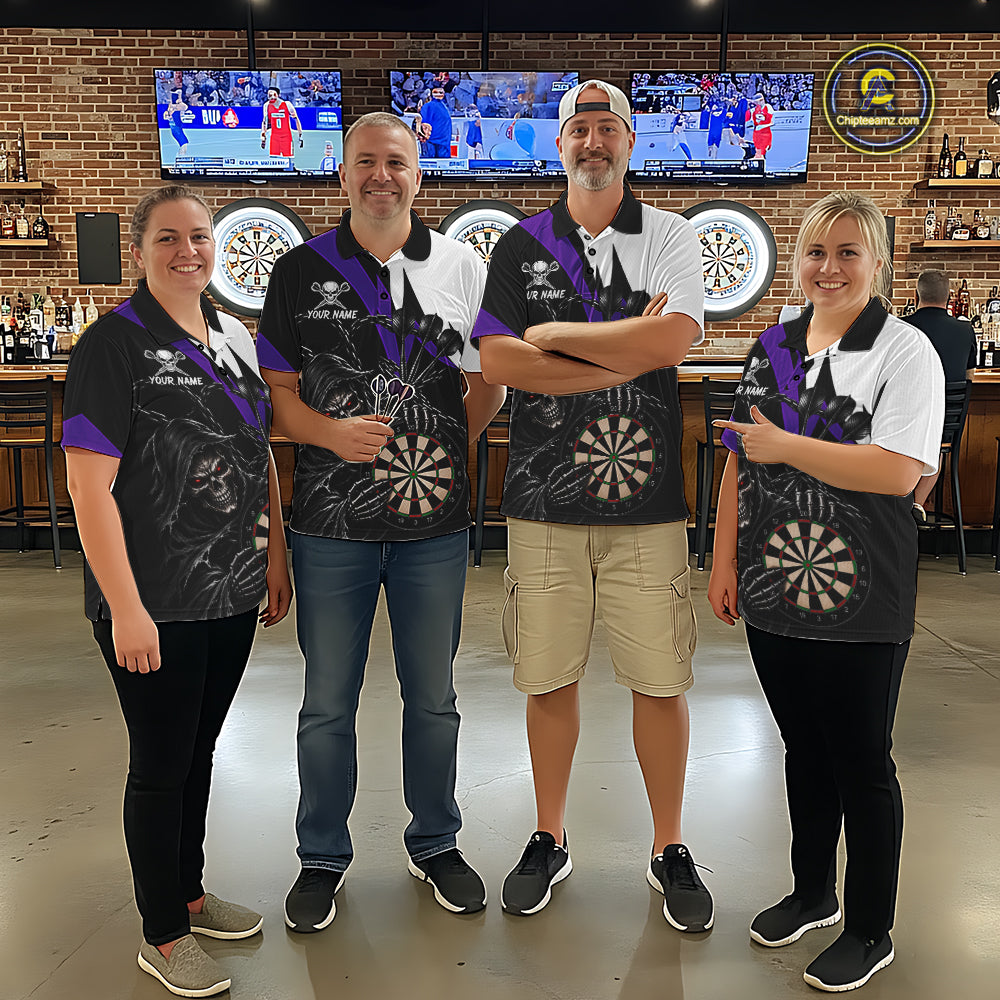 Personalized Grim Reaper Chain Darts Shirts For Men Custom Skull Darts League Team Jersey | Purple TDM7185
