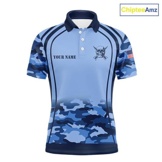 Vintage Blue Camo Darts Polo & Quarter Zip Custom Dart Shirts For Men, Camouflage Dart Team Jersey TDM7192