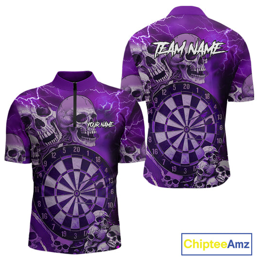 Purple Funny Skull Lightning Darts Shirt For Men Custom Darts Team Jersey Polo & Quarter Zip TDM4979
