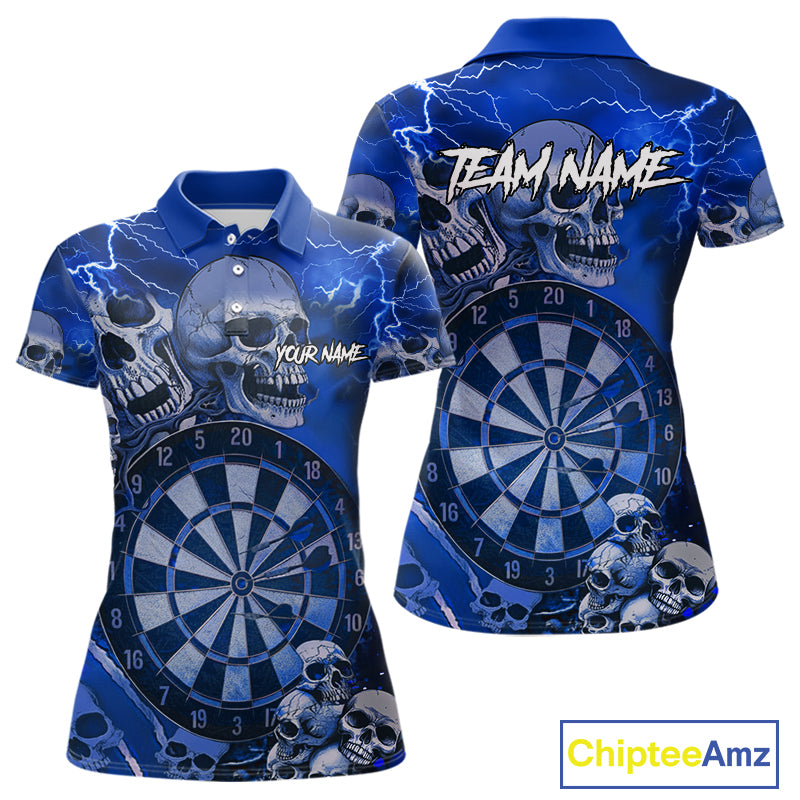 Blue Funny Skull Lightning Darts Shirt For Women Custom Darts Team Jersey Polo & Quarter Zip TDM4980
