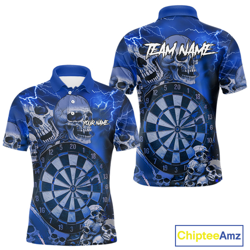 Blue Funny Skull Lightning Darts Shirt For Men Custom Darts Team Jersey Polo & Quarter Zip TDM4980
