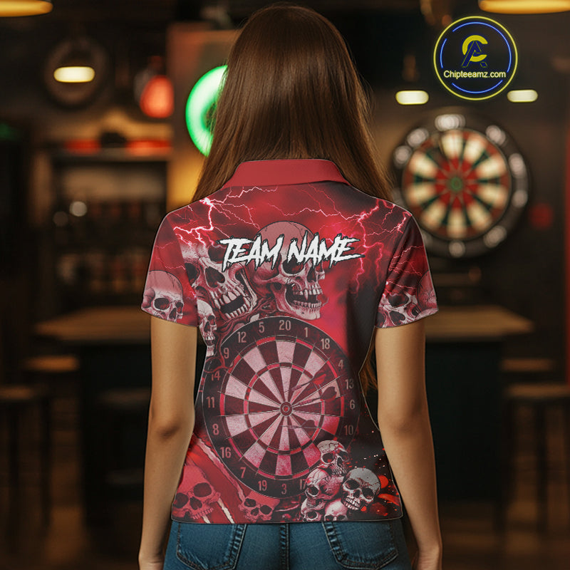 Red Funny Skull Lightning Darts Shirt For Women Custom Darts Team Jersey Polo & Quarter Zip TDM4981