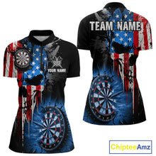 Load image into Gallery viewer, Patriotic American Flag Grunge Skull Womens Dart Shirts Custom Dart Jerseys Team Polo &amp; 1/4 Zip TDM5171