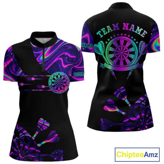 Neon Purple Holographic Womens Dart Shirts Custom Glowing Dart Jersey Team Polo & Quarter Zip TDM5172