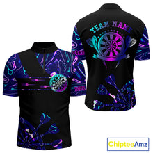 Load image into Gallery viewer, Neon Purple Blue Holographic Mens Dart Shirts Custom Glowing Dart Jersey Team Polo &amp; Quarter Zip TDM5173