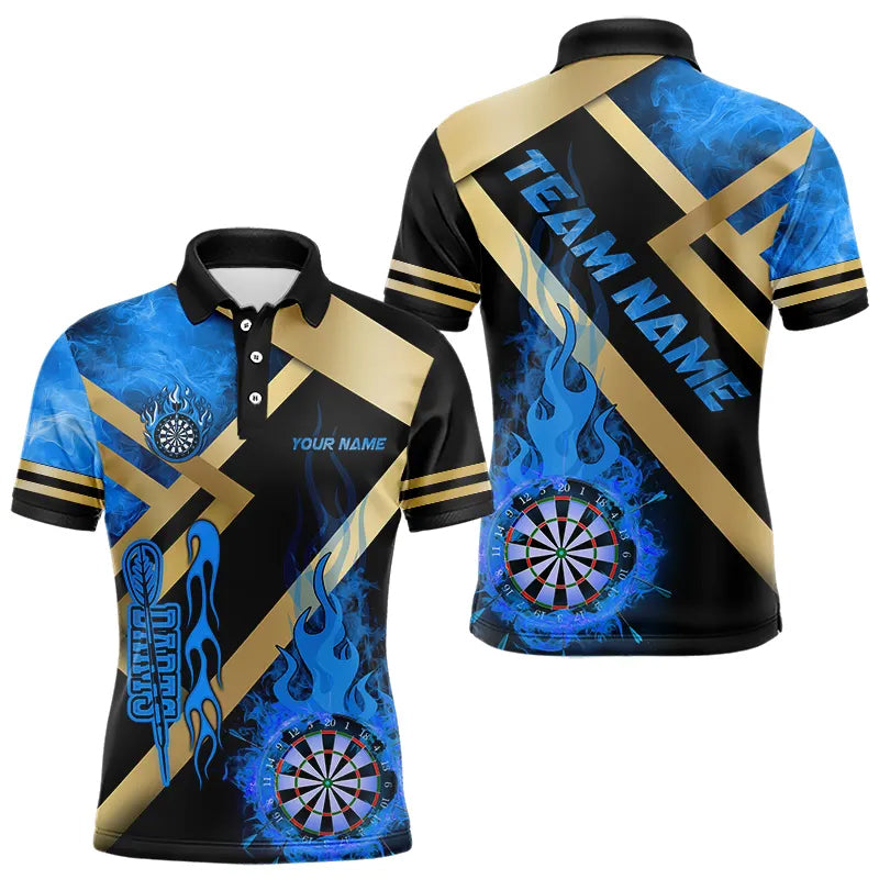 Personalized Gold And Blue Dartboard Fire Flame Custom Darts Shirts For Men, Darts Team Jerseys TDM3401