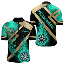 Load image into Gallery viewer, Personalized Gold And Turquoise Dartboard Fire Flame Custom Dart Shirts For Men, Darts Team Jerseys TDM3402