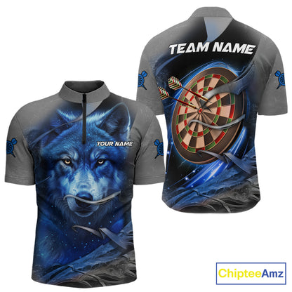 Personalized Wolf Lightning Darts Shirt For Men, Darts Team Jersey Polo & 1/4 Zip |Blue TDM6305