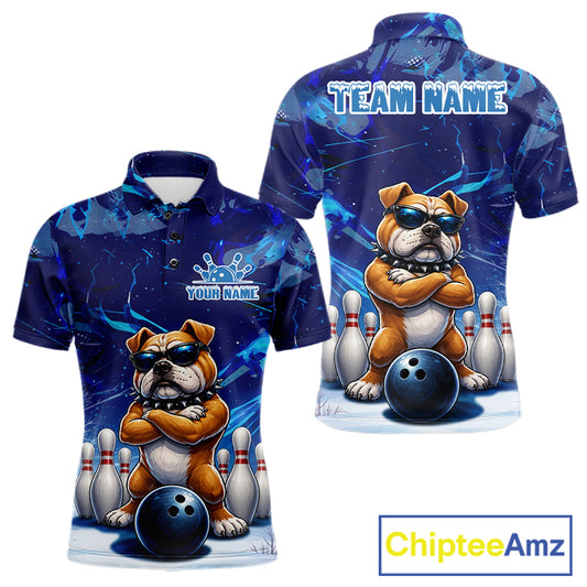 Personalized Blue Funny Bulldog Bowling Shirt For Men Custom Bowling Team Jersey Polo & 1/4 Zip TDM6480
