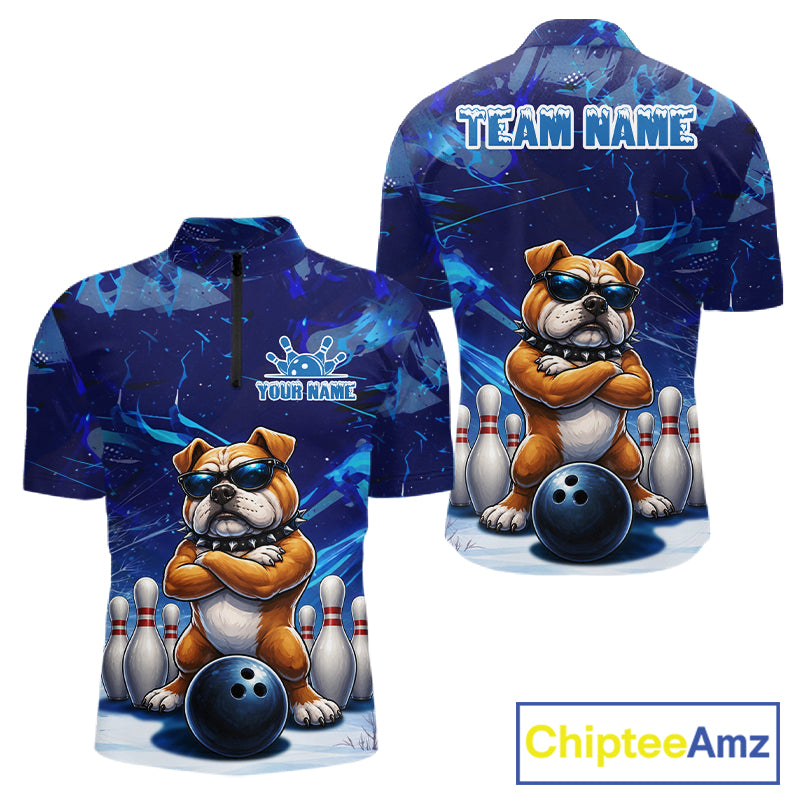 Personalized Blue Funny Bulldog Bowling Shirt For Men Custom Bowling Team Jersey Polo & 1/4 Zip TDM6480