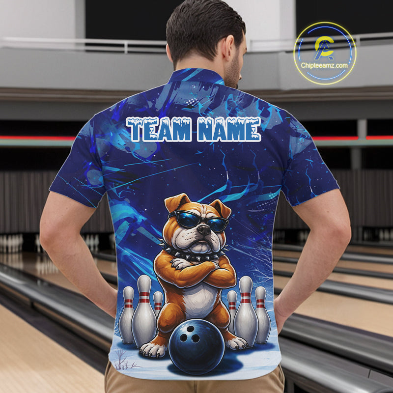 Personalized Blue Funny Bulldog Bowling Shirt For Men Custom Bowling Team Jersey Polo & 1/4 Zip TDM6480
