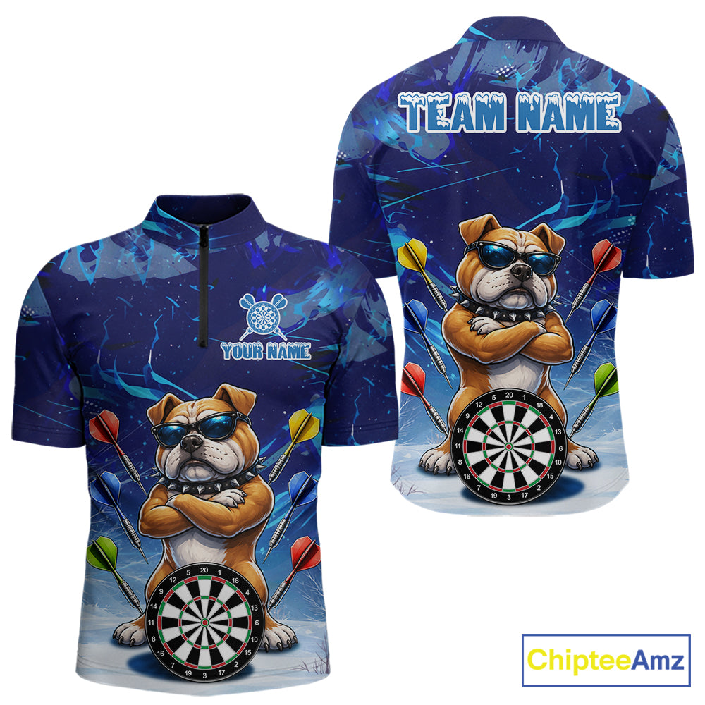 Personalized Blue Funny Bulldog Darts Shirt For Men Custom Darts Jersey Team Polo & 1/4 Zip TDM6481