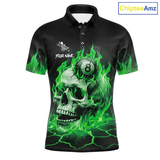 Green flaming skull 8 ball billiard polo shirt for men with custom pool team graphics.