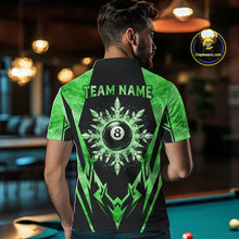 Load image into Gallery viewer, Man wearing black and green 8 ball pool icy billiard team jersey polo shirt featuring the frozen 8 ball artwork, back view.