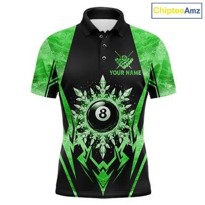 Black and green 8 ball pool icy billiard team jersey polo shirt for men featuring frozen ice effects and bold green highlights, premium custom pool league apparel for tournaments and league play.