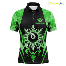 Load image into Gallery viewer, Black and green 8 ball pool icy billiard team jersey polo shirt for men featuring frozen ice effects and bold green highlights, premium custom pool league apparel for tournaments and league play.