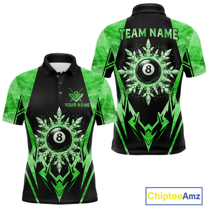Black and green 8 ball pool icy billiard team jersey polo shirt for men featuring frozen ice effects and bold green highlights, premium custom pool league apparel for tournaments and league play.