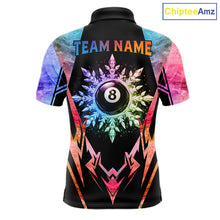 Load image into Gallery viewer, Custom colorful 8 ball pool icy billiard team jersey polo shirt for men featuring vibrant frozen ice artwork, premium pool league apparel for tournaments and competitive billiard players.