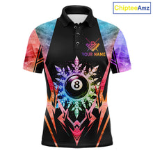 Load image into Gallery viewer, Custom colorful 8 ball pool icy billiard team jersey polo shirt for men featuring vibrant frozen ice artwork, premium pool league apparel for tournaments and competitive billiard players.