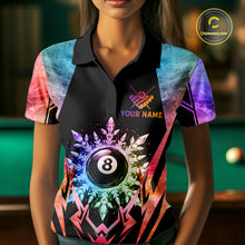 Load image into Gallery viewer, Woman wearing custom colorful 8 ball pool icy billiard team jersey polo shirt featuring the colorful icy 8 ball design, front view.