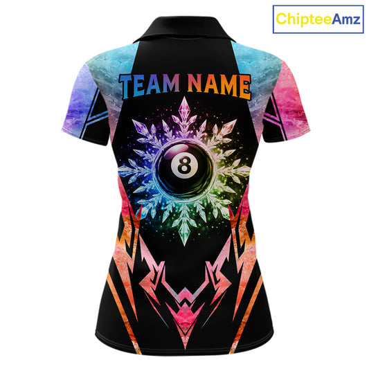 Custom colorful 8 ball pool icy billiard team jersey polo shirt for women featuring vibrant frozen ice artwork, premium pool league apparel for tournaments and competitive billiard players.
