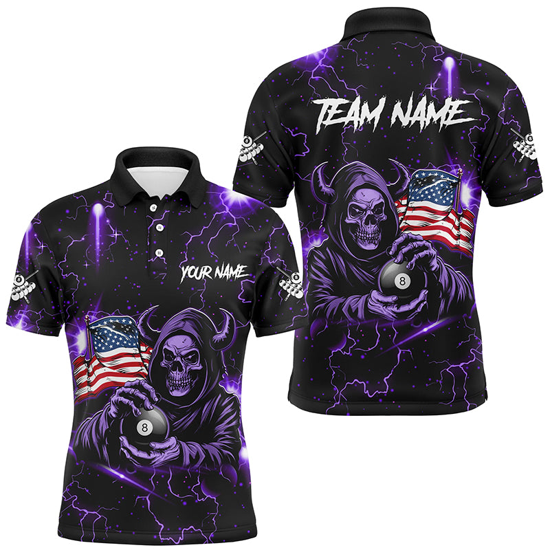 Purple Skull Thunder Lightning US Flag Custom Men Billiard Shirts, Patriotic Billiard Team Jerseys TDM2710