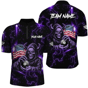 Purple Skull Thunder Lightning US Flag Custom Men Billiard Shirts, Patriotic Billiard Team Jerseys TDM2710