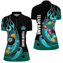 Load image into Gallery viewer, 3D Billiard Balls Fire Flame Custom Pool Shirts For Women, Billiard League Team Jerseys | Cyan TDM2720