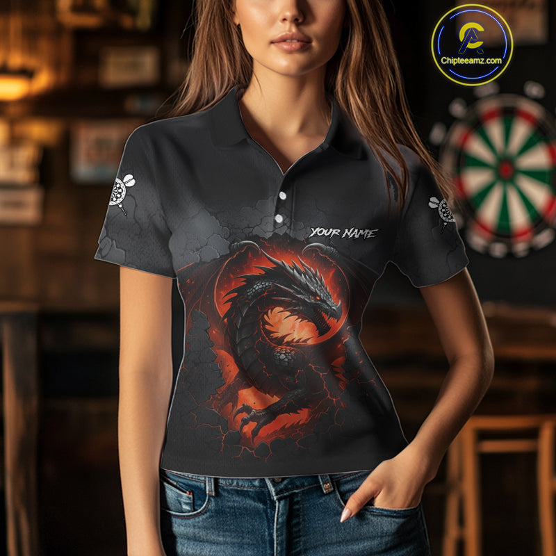 Personalized Grunge Dragon Womens Dart Shirts Custom Black Grey Dart Jerseys Team Polo & 1/4 Zip TDM5180